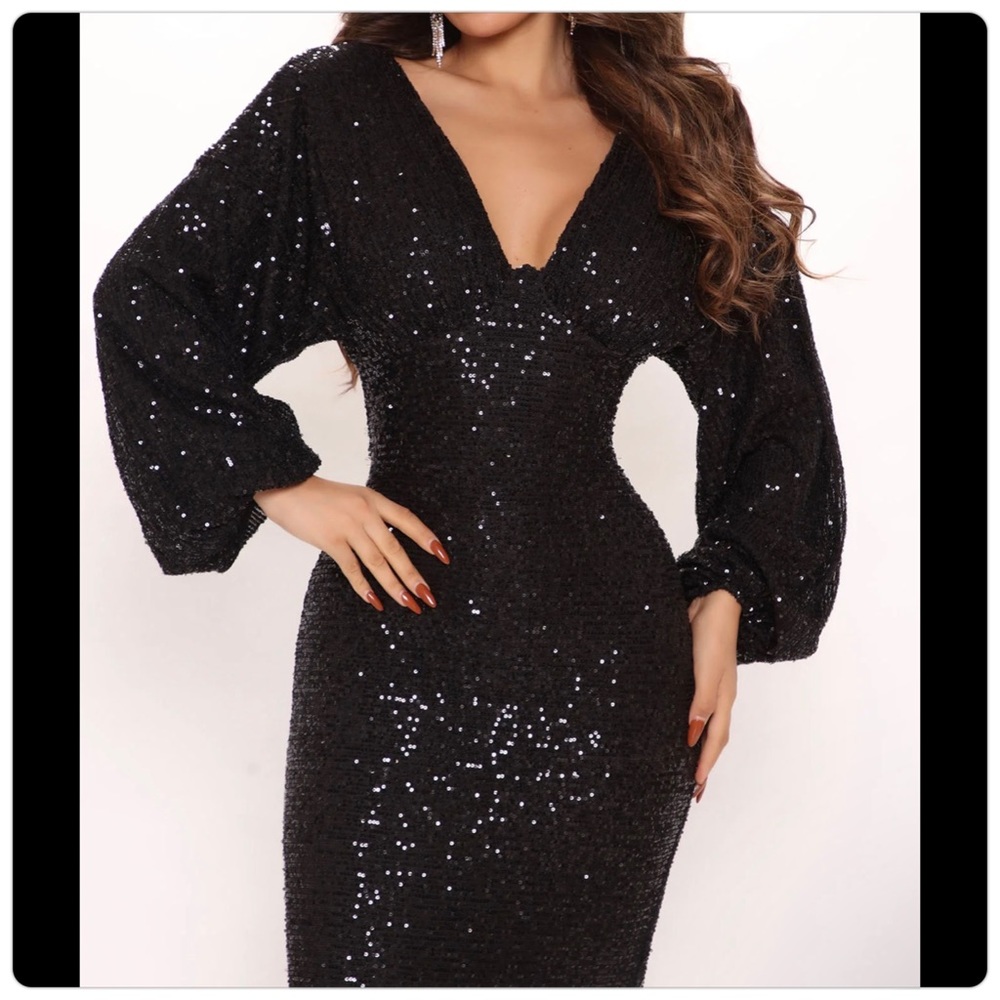 Deep V Black Sequin Dress